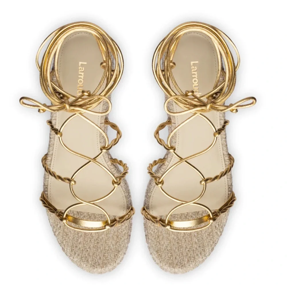 Larroude Coco Platform Sandal In Raffia and Gold Metallic Leather